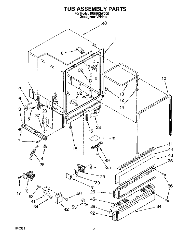 TUB ASSEMBLY Diagram and Parts List for DU930QWDQ3  Whirlpool Dishwasher