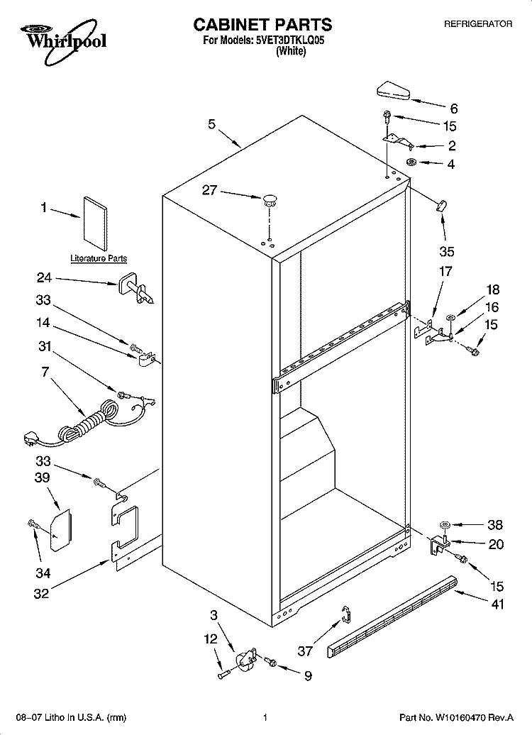 CABINET PARTS Diagram and Parts List for 5VET3DTKLQ05  Whirlpool Refrigerator