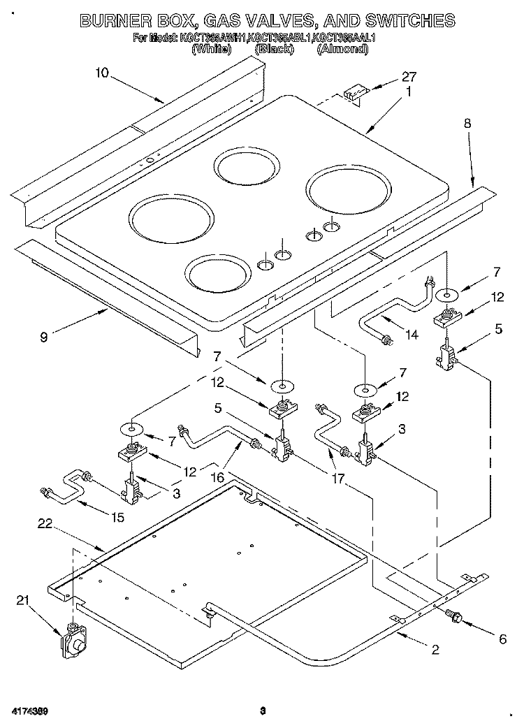 BURNER BOX, GAS VALVES, AND SWITCHES Diagram and Parts List for KGCT365AWH1  KitchenAid Cooktop