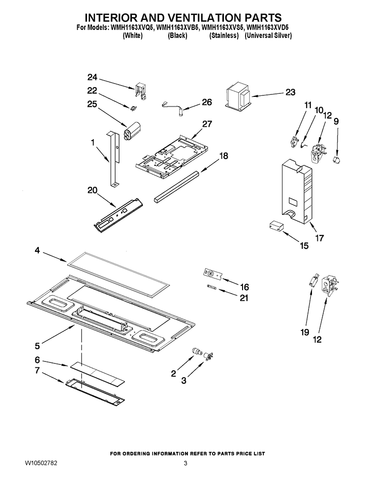 INTERIOR AND VENTILATION PARTS Diagram and Parts List for WMH1163XVS5  Whirlpool Microwave