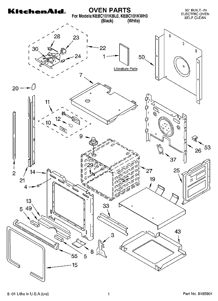 OVEN, LITERATURE Diagram and Parts List for KEBC101KWH0  KitchenAid Wall Oven