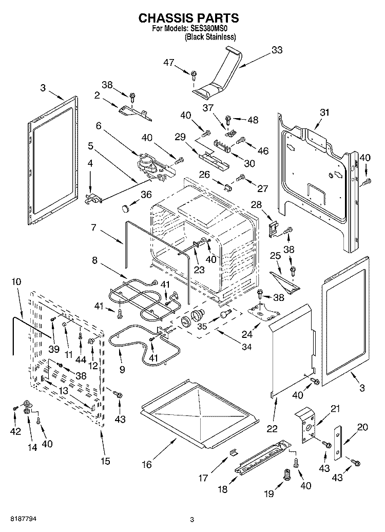 CHASSIS PARTS Diagram and Parts List for SES380MS0  Whirlpool Range