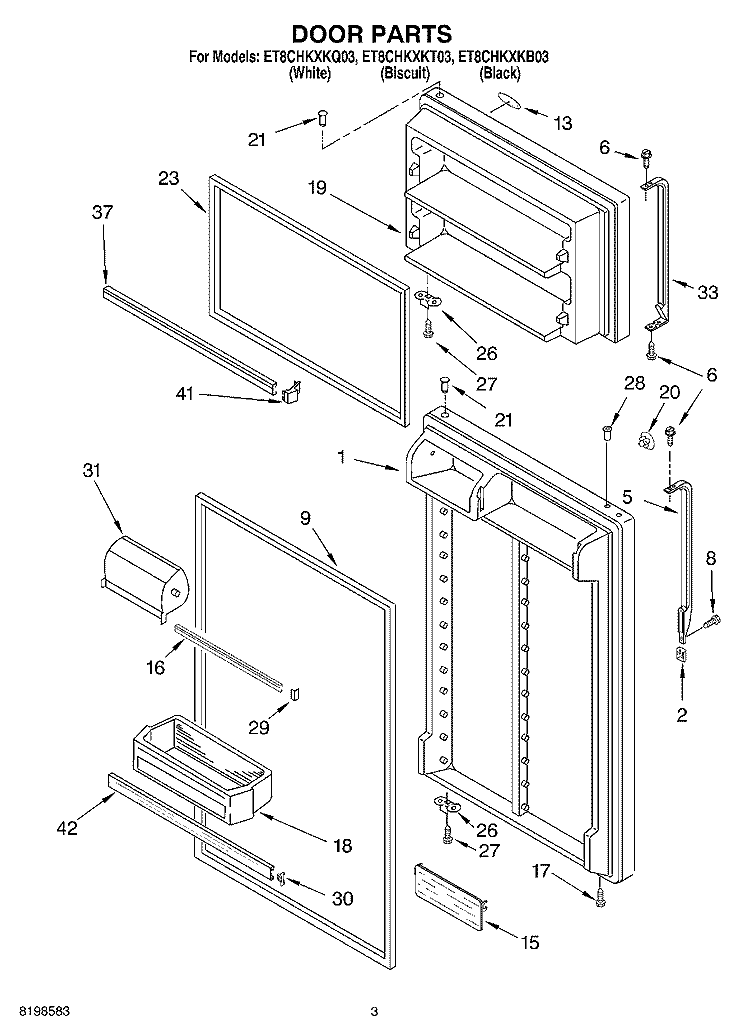 DOOR PARTS Diagram and Parts List for ET8CHKXKT03  Whirlpool Refrigerator