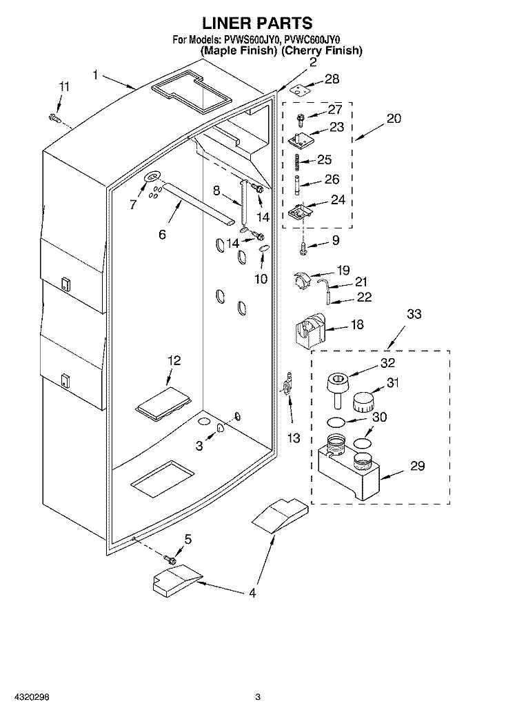 LINER Diagram and Parts List for PVWC600JY0  Whirlpool Cabinet