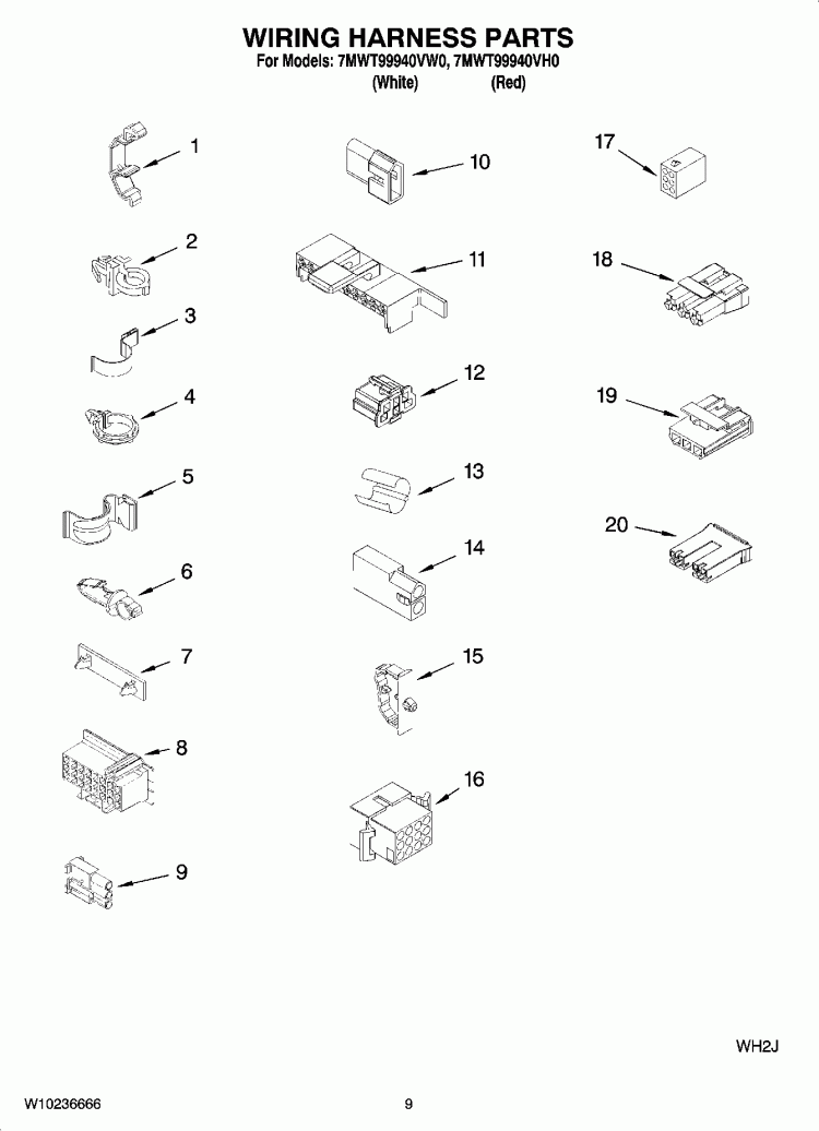 WIRING HARNESS PARTS Diagram and Parts List for 7MWT99940VW0  Whirlpool Washer
