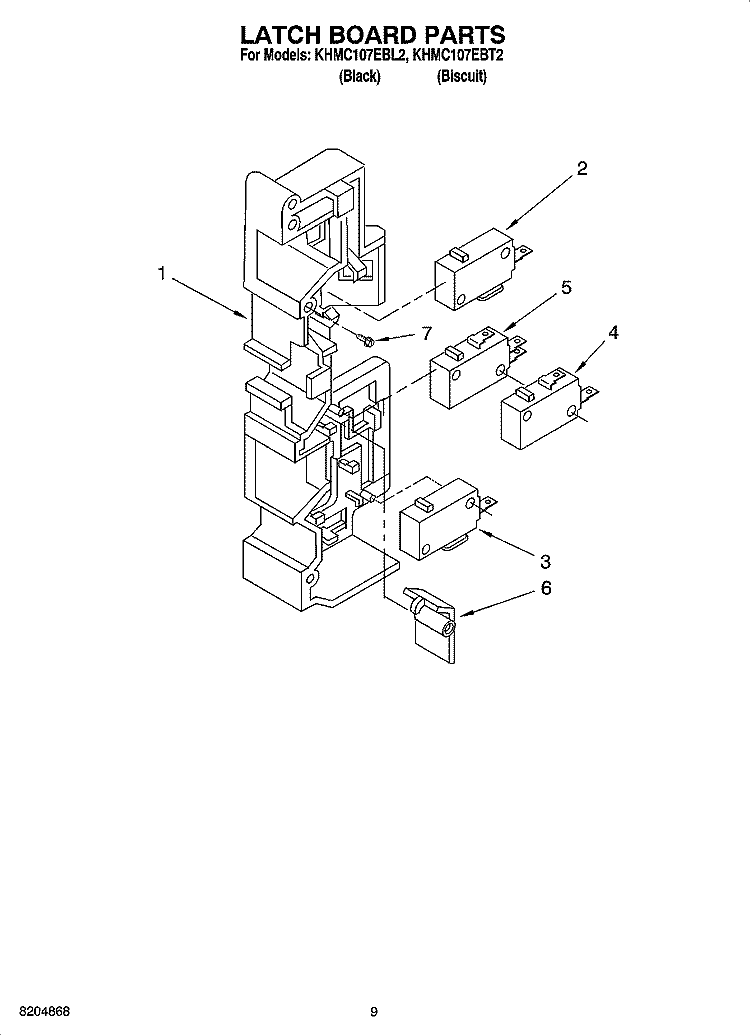 LATCH BOARD PARTS Diagram and Parts List for KHMC107EBT2  KitchenAid Microwave