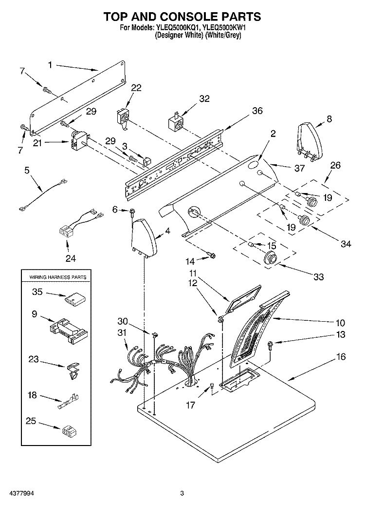 TOP AND CONSOLE PARTS Diagram and Parts List for YLEQ5000KQ1  Whirlpool Dryer