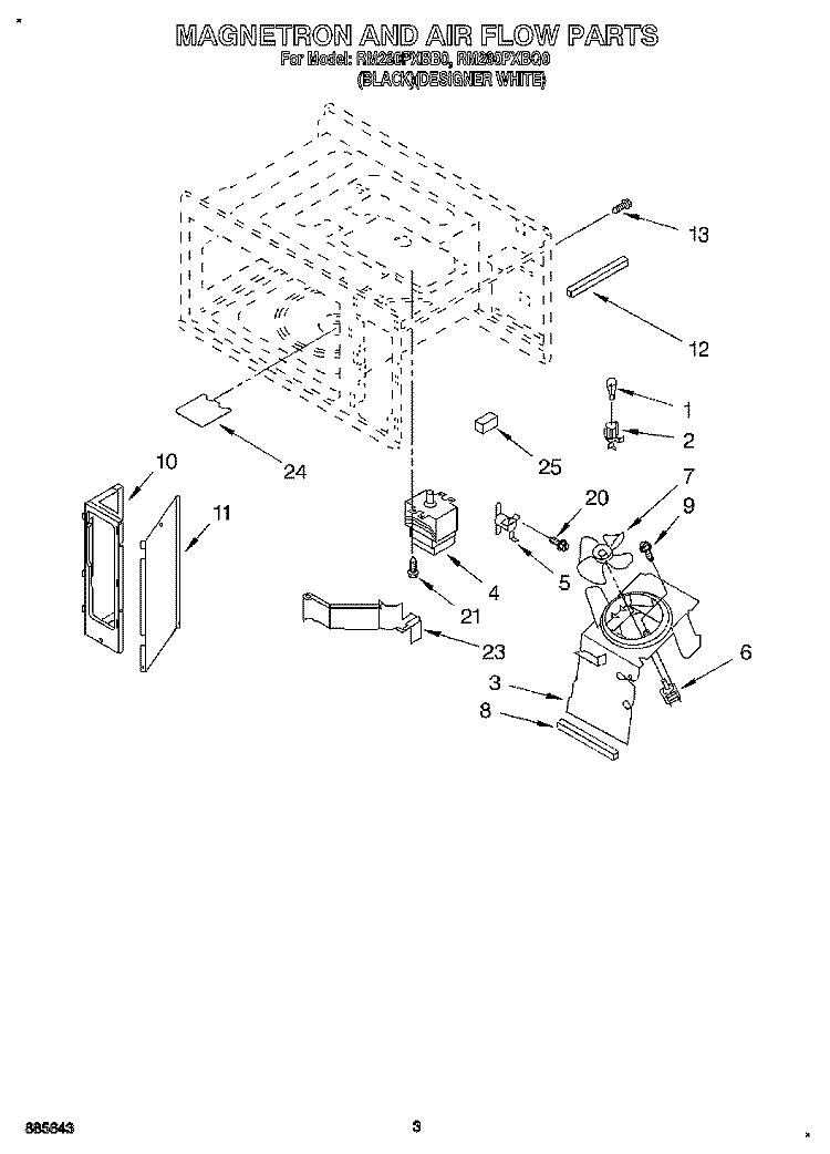 MAGNETRON AND AIR FLOW Diagram and Parts List for RM280PXBQ0  Whirlpool Microwave Oven Combo