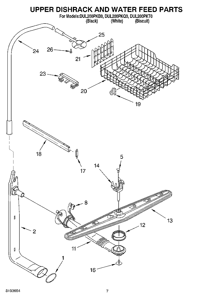 UPPER DISHRACK AND WATER FEED Diagram and Parts List for DUL200PKB0  Whirlpool Dishwasher