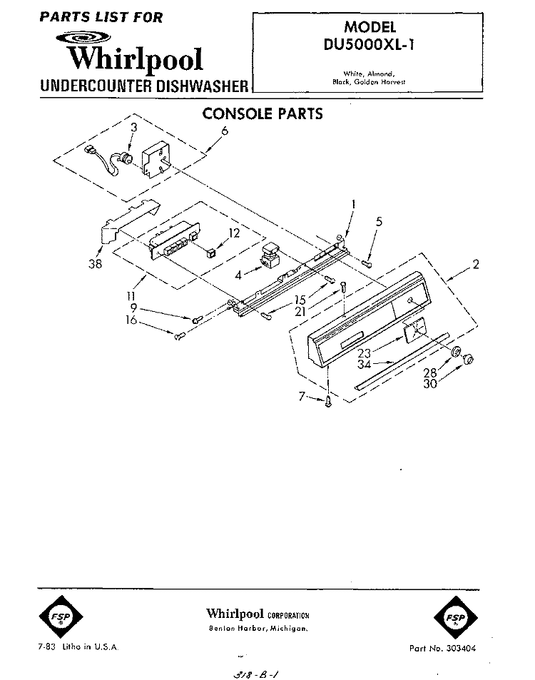 CONSOLE Diagram and Parts List for DU5000XL1  Whirlpool Dishwasher