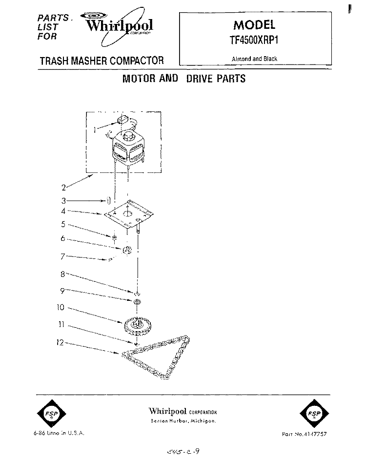 MOTOR AND DRIVE , LITERATURE Diagram and Parts List for TF4500XRP1  Whirlpool Trash Compactor