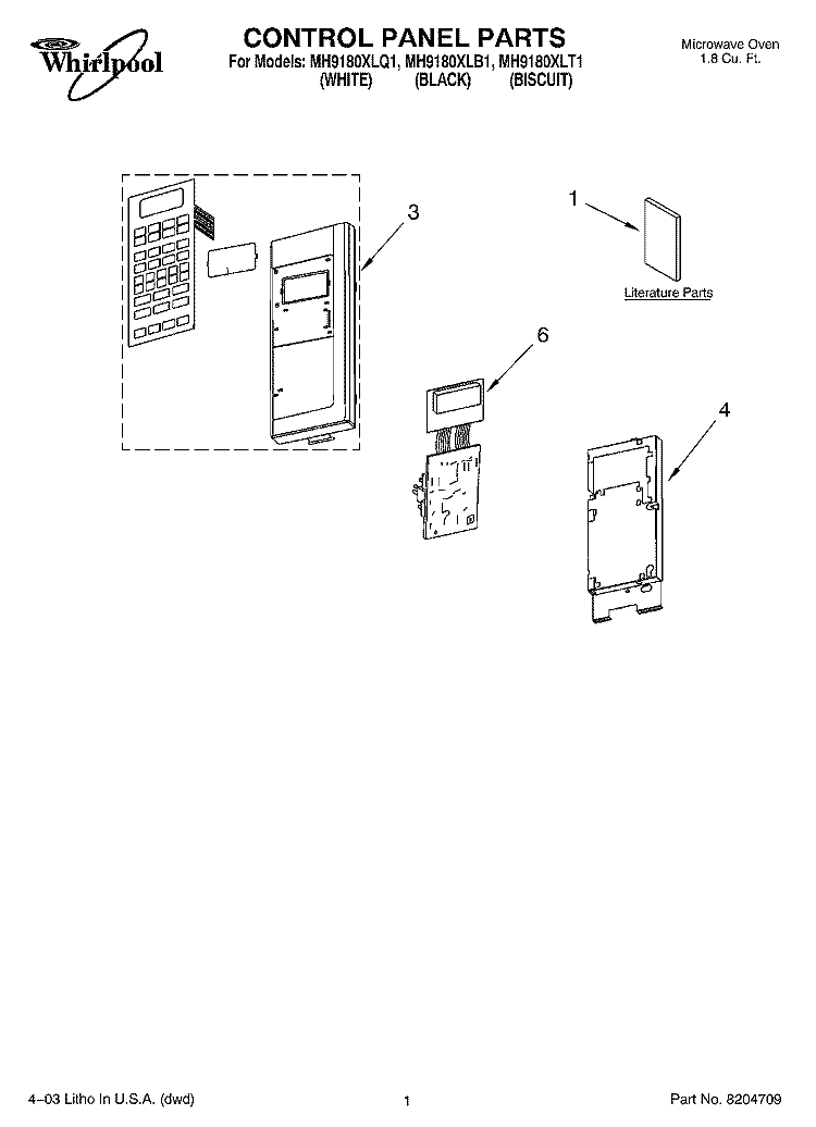 CONTROL PANEL PARTS Diagram and Parts List for MH9180XLT1  Whirlpool Microwave