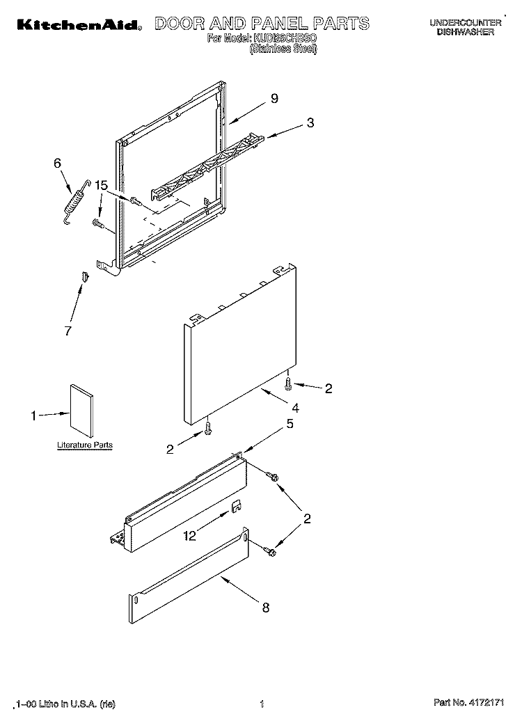DOOR AND PANEL, LITERATURE Diagram and Parts List for KUDI25CHBS0  KitchenAid Dishwasher