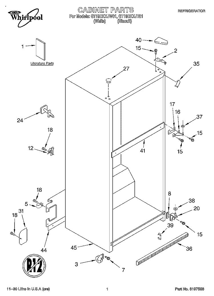 CABINET, LITERATURE Diagram and Parts List for GT19DKXJT01  Whirlpool Refrigerator