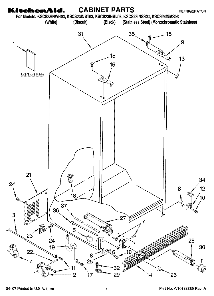 CABINET PARTS Diagram and Parts List for KSCS23INBT03  KitchenAid Refrigerator