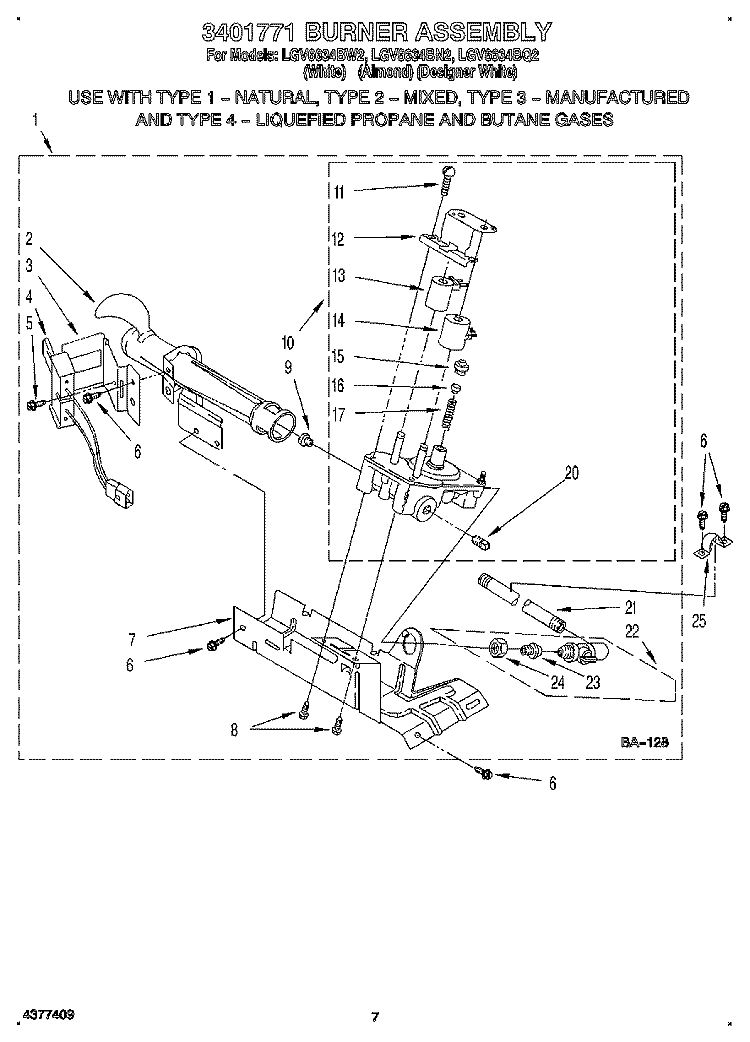 3401771 BURNER ASSEMBLY Diagram and Parts List for LGV6634BW2  Whirlpool Dryer