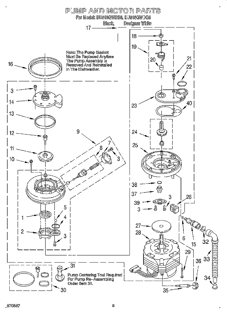 PUMP AND MOTOR Diagram and Parts List for DU915QWDQ5  Whirlpool Dishwasher