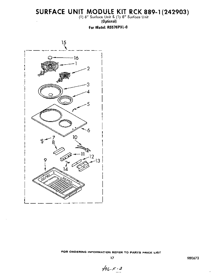 SURFACE UNIT RCK 889-1 (242903) Diagram and Parts List for RS576PXL0  Whirlpool Range