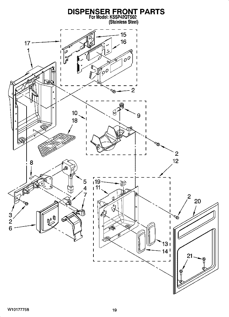 DISPENSER FRONT PARTS Diagram and Parts List for KSSP42QTS02  KitchenAid Refrigerator