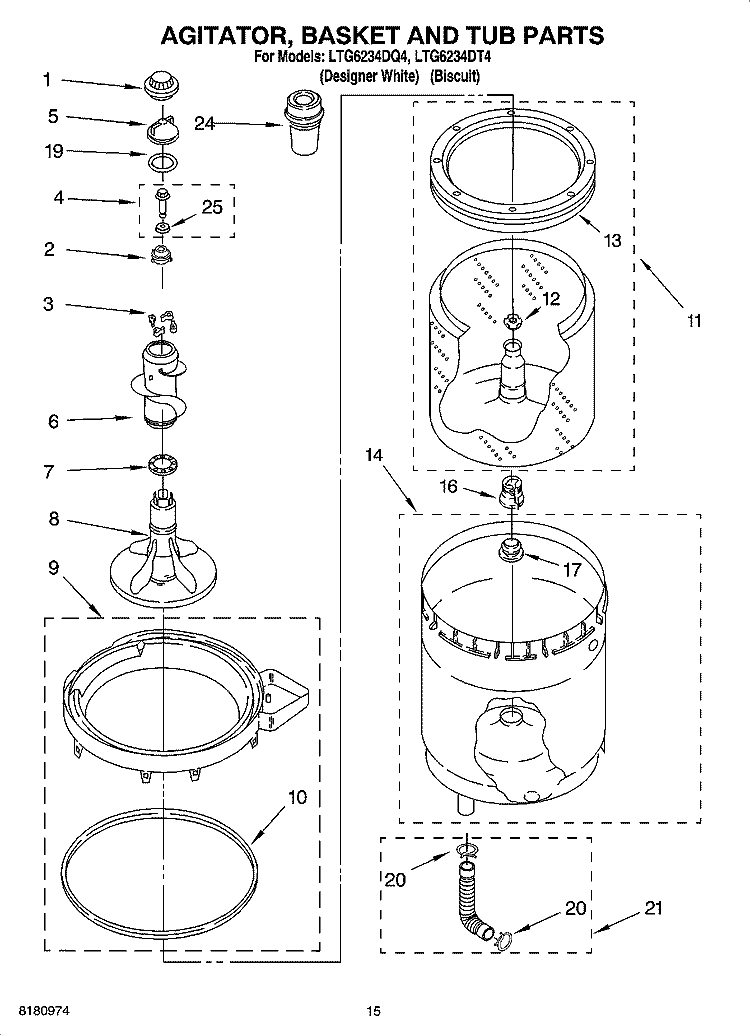 AGITATOR, BASKET AND TUB PARTS Diagram and Parts List for LTG6234DT4  Whirlpool Washer Dryer Combo