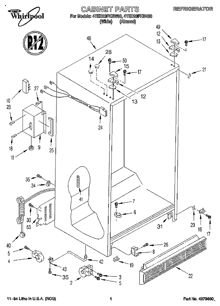 CABINET Diagram and Parts List for 4YED20PKBN00  Whirlpool Refrigerator
