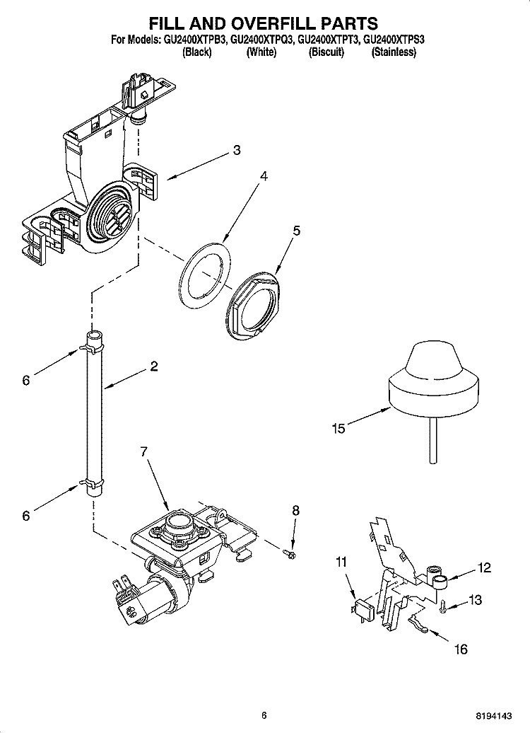 FILL AND OVERFILL PARTS Diagram and Parts List for GU2400XTPB3  Whirlpool Dishwasher