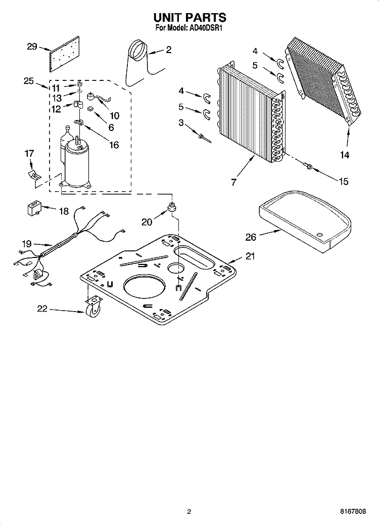 UNIT PARTS Diagram and Parts List for AD40DSR1  Whirlpool Dehumidifier