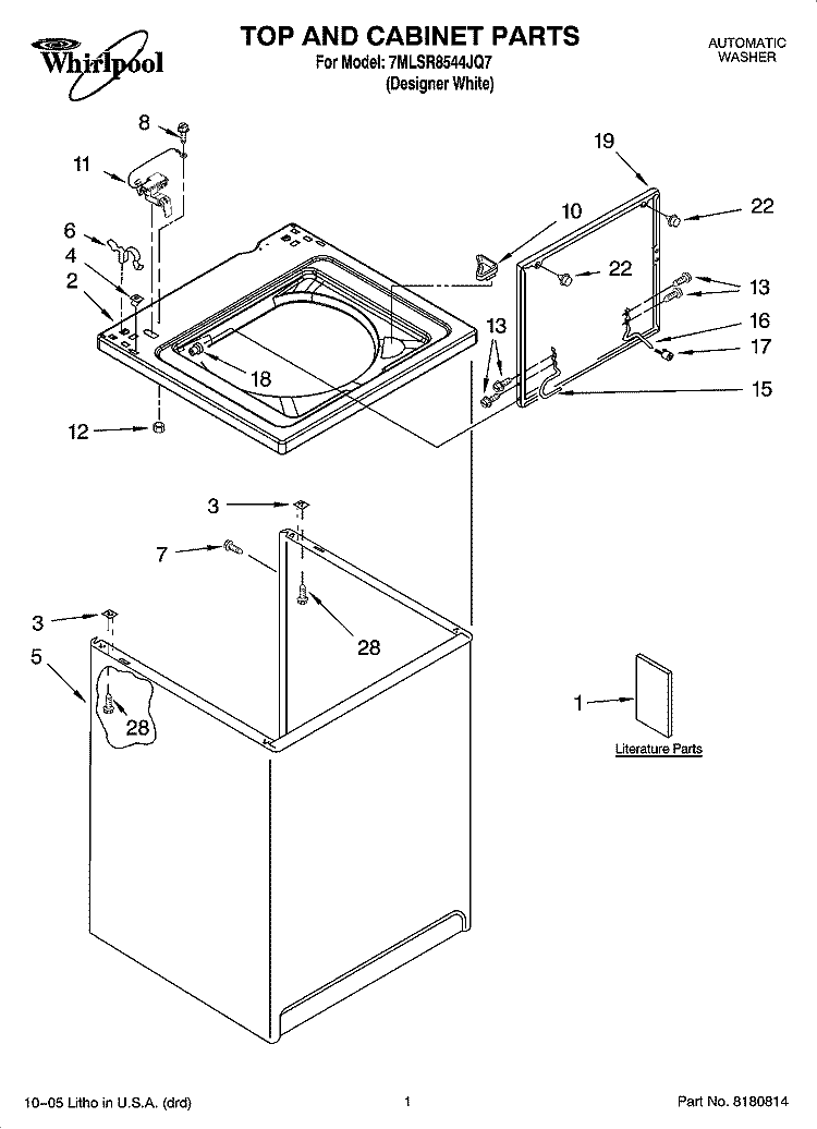 TOP AND CABINET PARTS Diagram and Parts List for 7MLSR8544JQ7  Whirlpool Washer