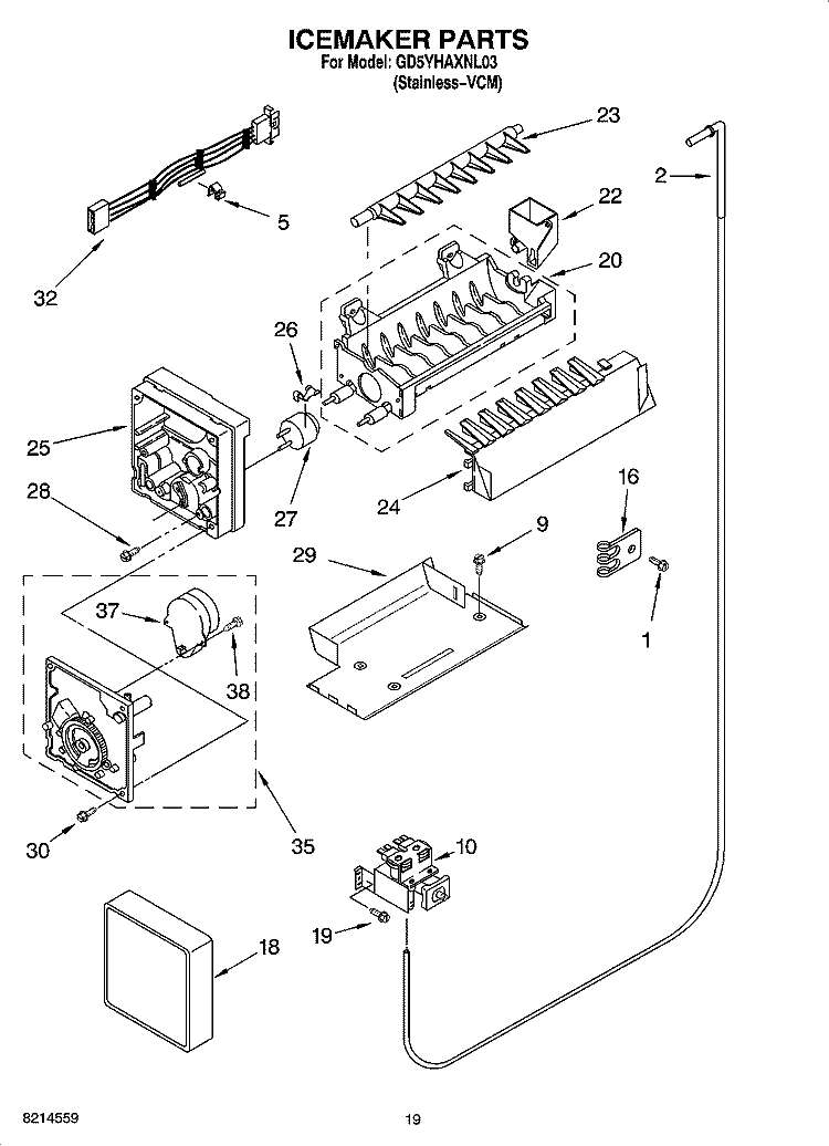 ICEMAKER PARTS Diagram and Parts List for GD5YHAXNL03  Whirlpool Refrigerator