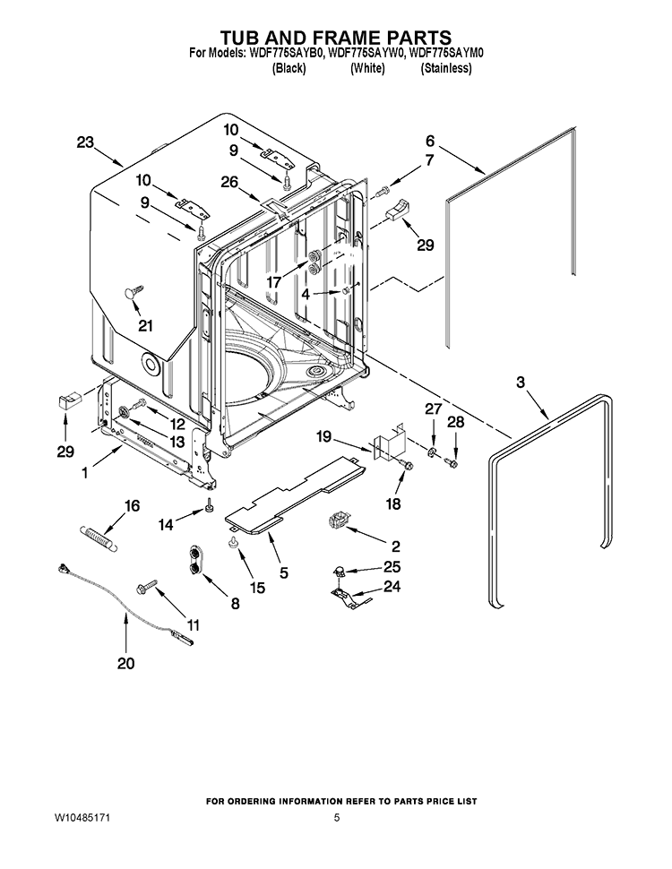 TUB AND FRAME PARTS Diagram and Parts List for WDF775SAYW0  Whirlpool Dishwasher