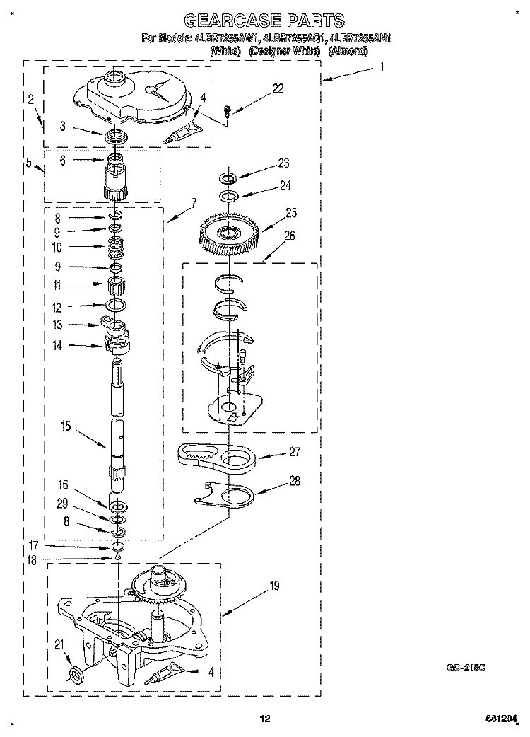 GEARCASE Diagram and Parts List for 4LBR7255AN1  Whirlpool Washer