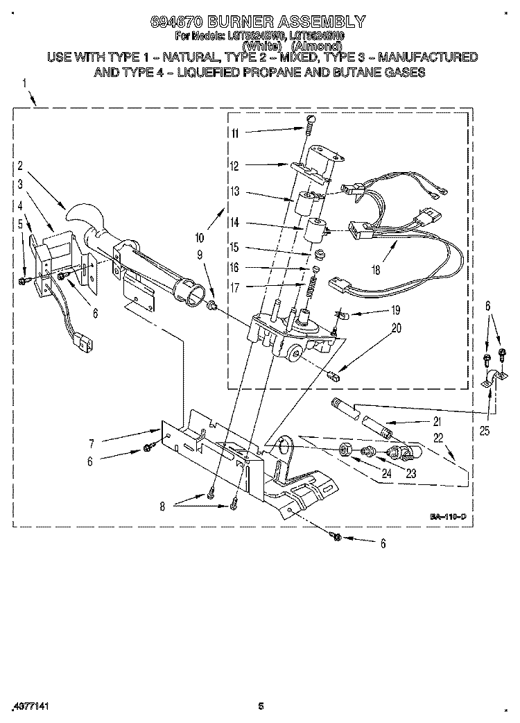 694670 BURNER ASSEMBLY Diagram and Parts List for LGT5624BW0  Whirlpool Dryer