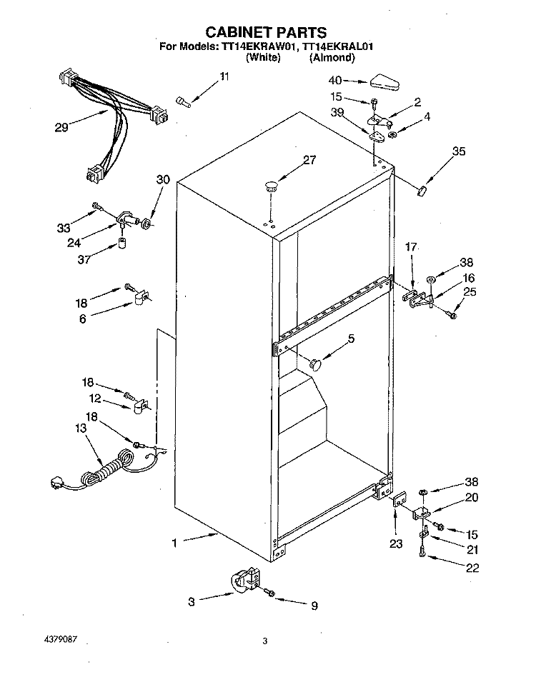 CABINET Diagram and Parts List for TT14EKRAN01  Whirlpool Refrigerator