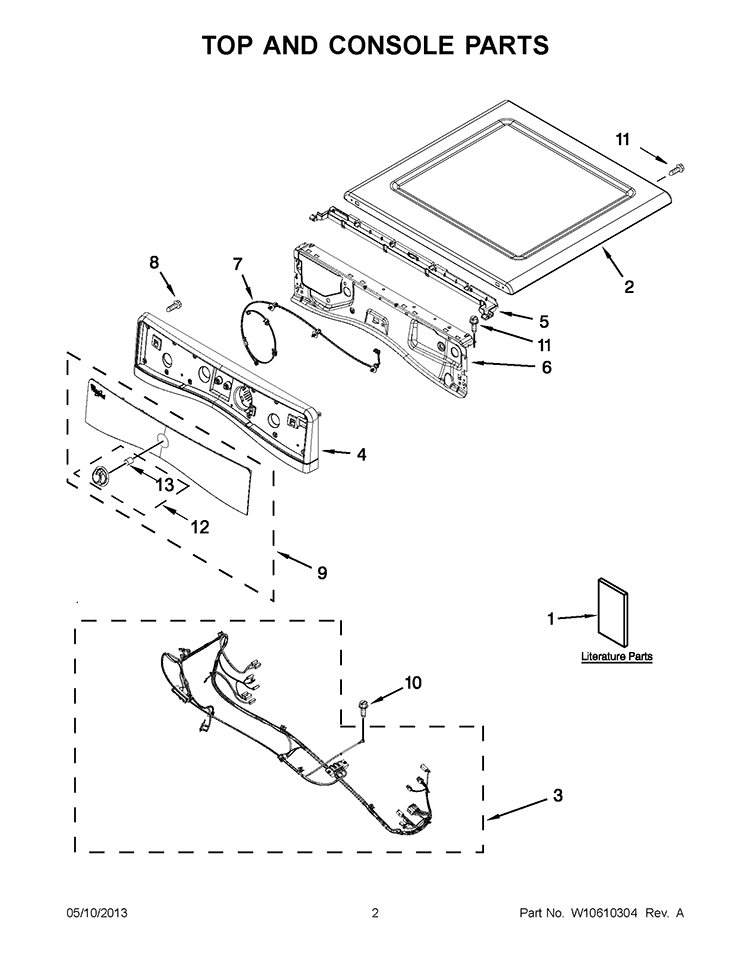 TOP AND CONSOLE PARTS Diagram and Parts List for WGD70HEBW1  Whirlpool Dryer