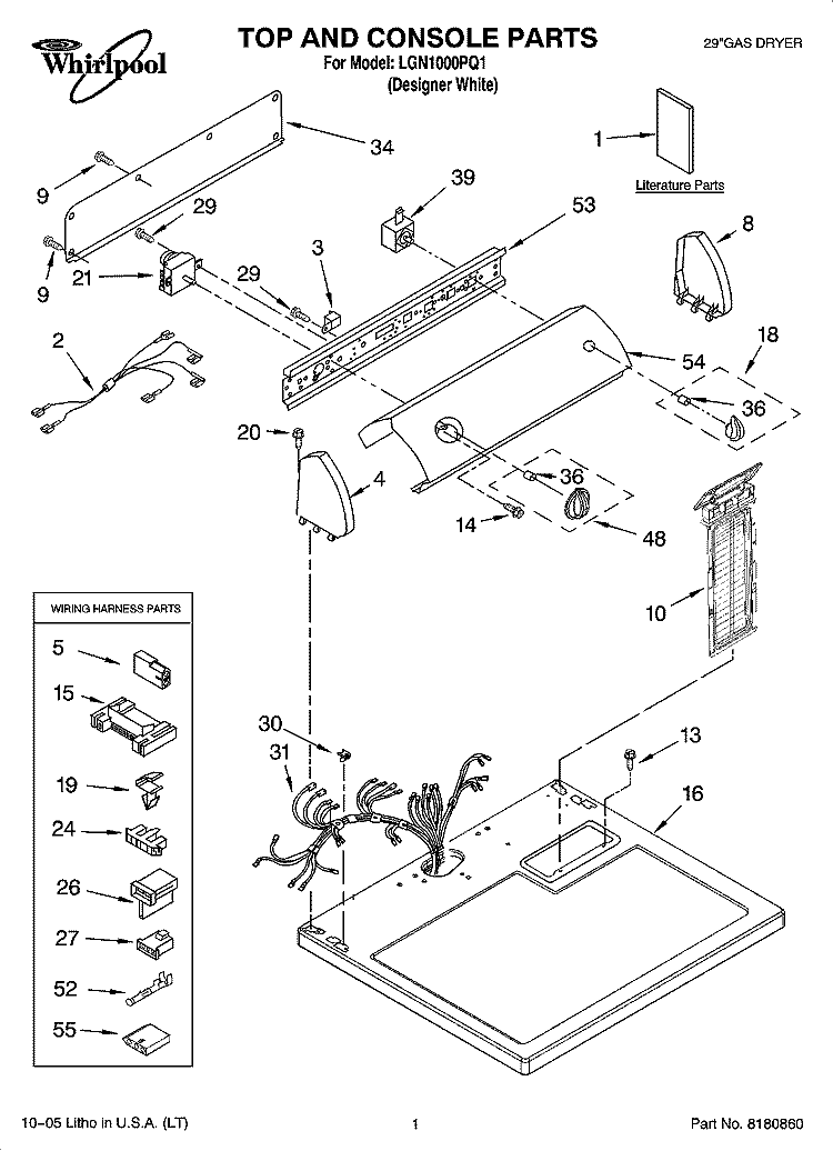 TOP AND CONSOLE PARTS Diagram and Parts List for LGN1000PQ1  Whirlpool Dryer