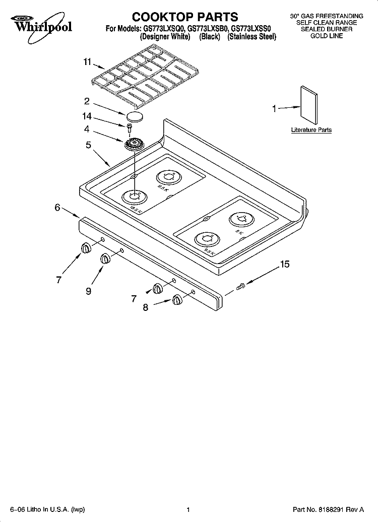 COOKTOP PARTS Diagram and Parts List for GS773LXSQ0  Whirlpool Range