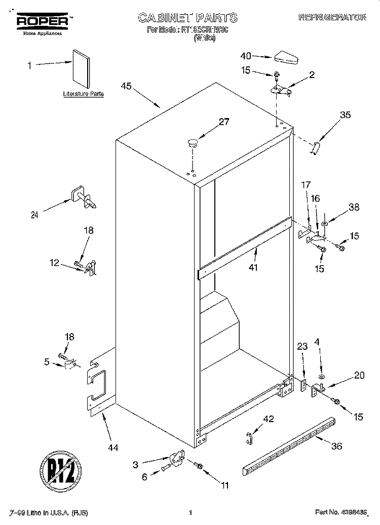 CABINET, LITERATURE Diagram and Parts List for RT18ECRHW00  Roper Refrigerator