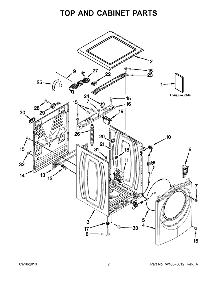 TOP AND CABINET PARTS Diagram and Parts List for WFW80HEBW0  Whirlpool Washer