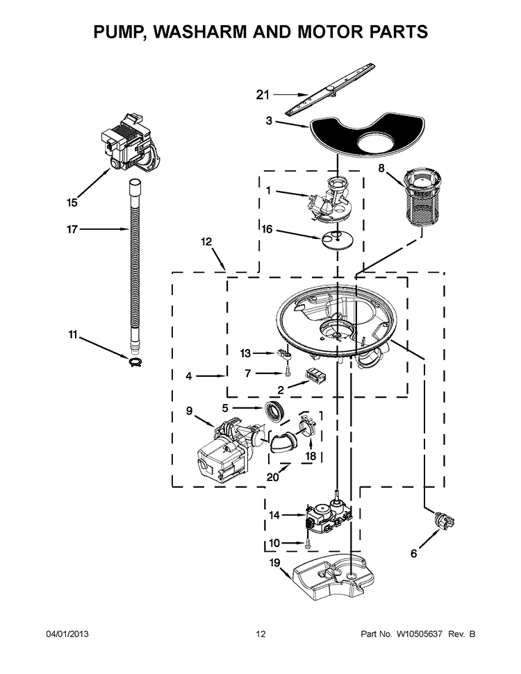 PUMP, WASHARM AND MOTOR PARTS Diagram and Parts List for WDL785SAAM0  Whirlpool Dishwasher
