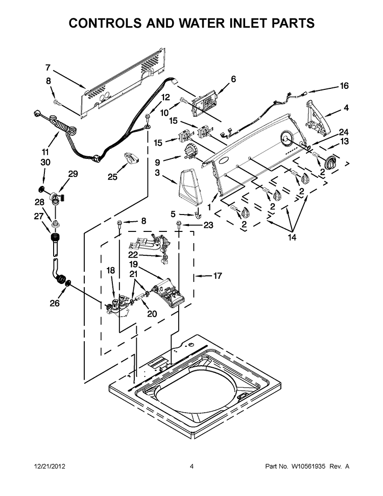 CONTROLS AND WATER INLET PARTS Diagram and Parts List for 4GWTW4800YQ1  Whirlpool Washer