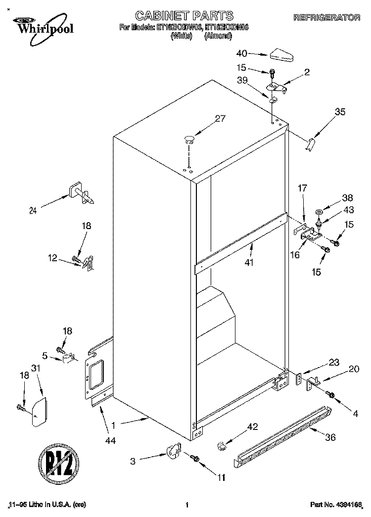 CABINET Diagram and Parts List for ET18ZKXDW06  Whirlpool Refrigerator
