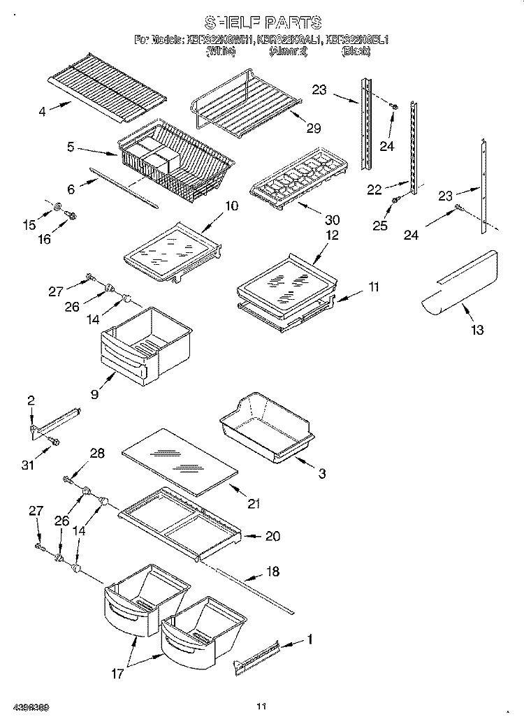 SHELF, OPTIONAL Diagram and Parts List for KBRS22KGWH1  KitchenAid Refrigerator
