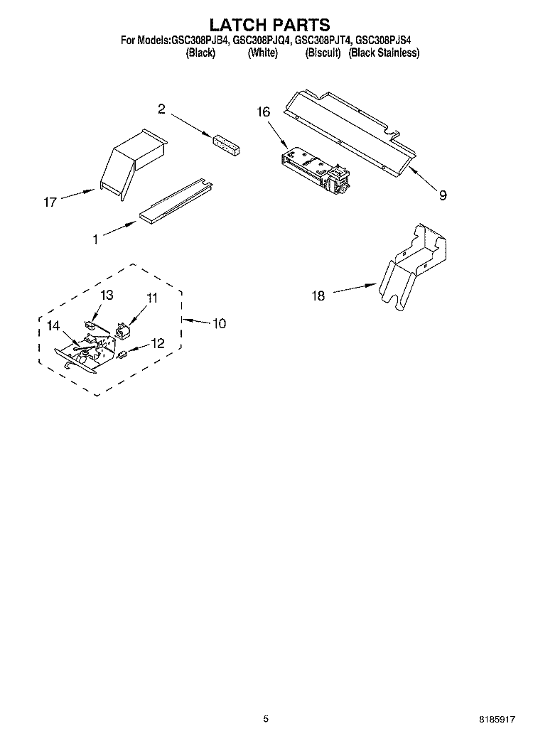 LATCH Diagram and Parts List for GSC308PJB4  Whirlpool Microwave Oven Combo