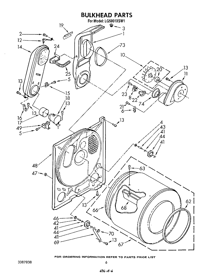 BULKHEAD Diagram and Parts List for LG5801XSW1  Whirlpool Dryer