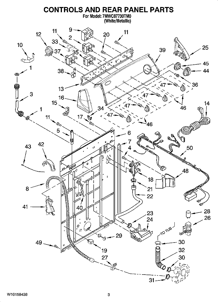 CONTROLS AND REAR PANEL PARTS Diagram and Parts List for 7MWC87730TM0  Whirlpool Washer