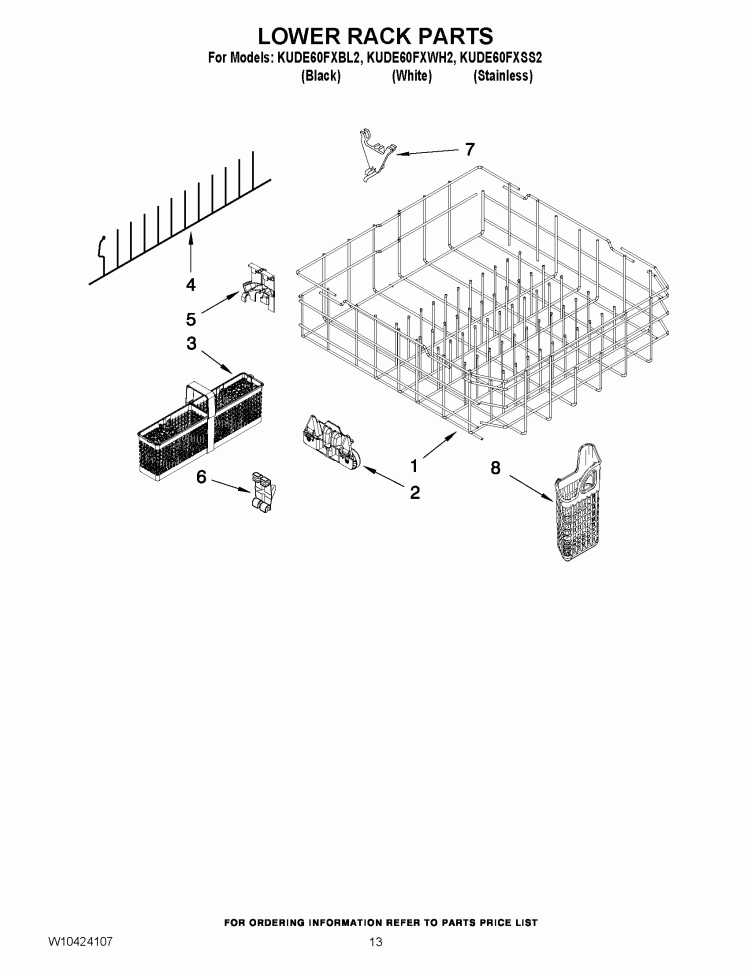 LOWER RACK PARTS Diagram and Parts List for KUDE60FXBL2  KitchenAid Dishwasher