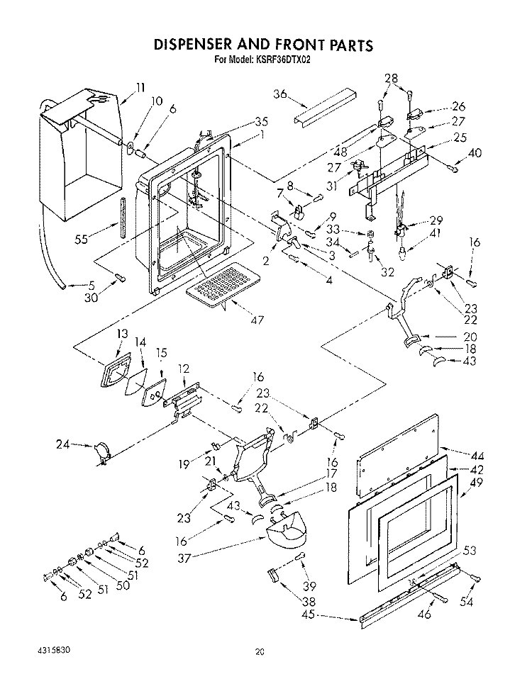 DISPENSER AND FRONT Diagram and Parts List for KSRF36DTX02  KitchenAid Refrigerator