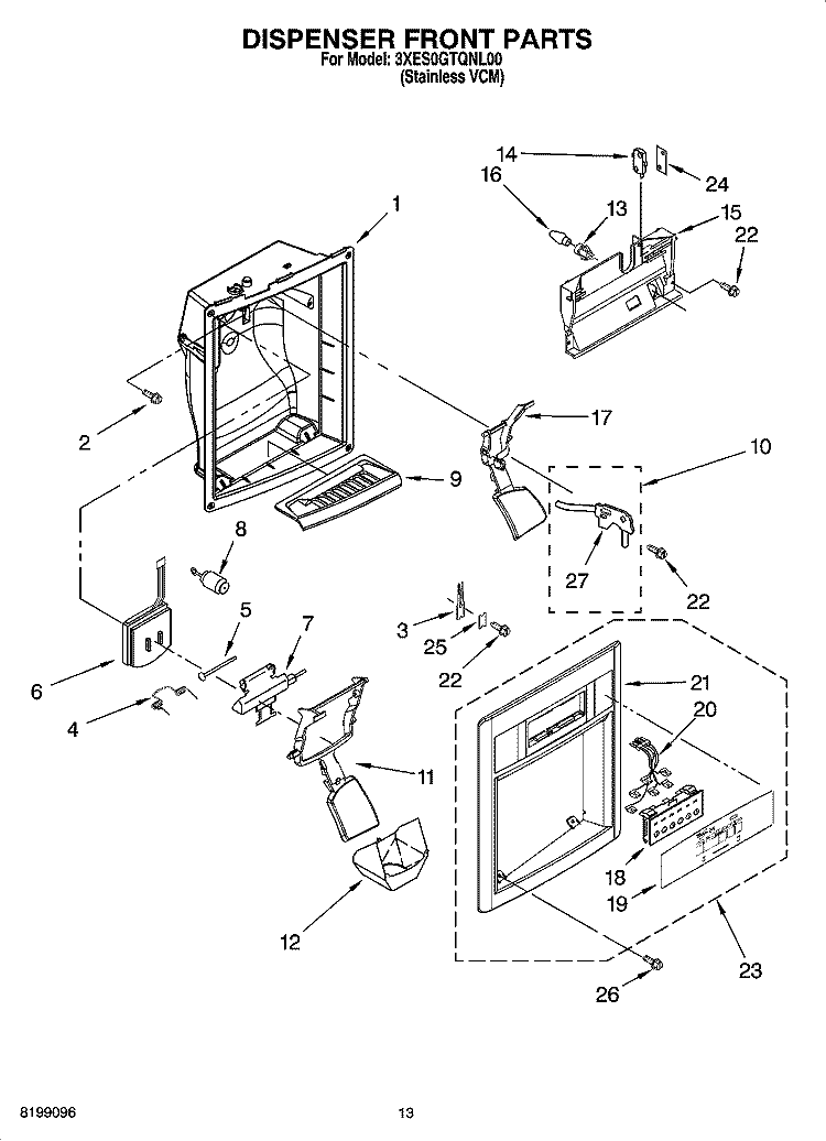 DISPENSER FRONT PARTS Diagram and Parts List for 3XES0GTQNL00  Whirlpool Refrigerator