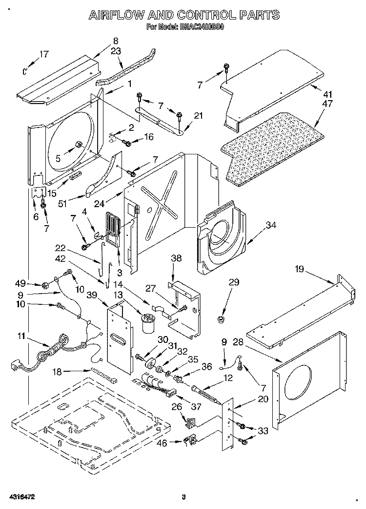 AIR FLOW AND CONTROL Diagram and Parts List for BHAC2400BS0  Whirlpool Air Conditioner