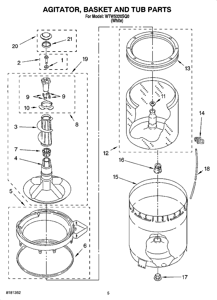 AGITATOR, BASKET AND TUB PARTS Diagram and Parts List for WTW5320SQ0  Whirlpool Washer